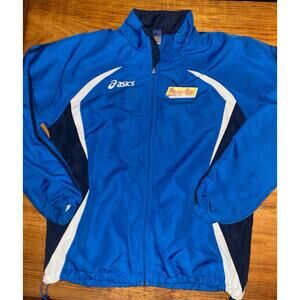 VTG Asics Light Running Jacket Mens XL Black Blue Full Zip Vented Powerbar Windb
